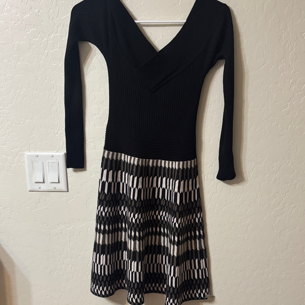 Candie's Black & Cream Long-Sleeve Knit Fit-and-Flare Dress